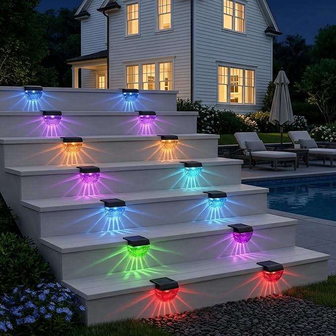 Melunar 8 Pack Solar Deck Lights Outdoor, Solar Step Lights Waterproof for Outside, Yard, Patio, Garden, Pool, Railing, Stairs, Fence (Color Changing)