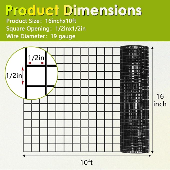 Gbekery Black Hardware Cloth 1/2inch,16in x 10ft 19 Gauge, PVC Coated Galvanized Steel Chicken Wire Fence Roll Garden Plant Welded Metal Wire Fencing Roll, Rabbit Cages Snake Fence,Black