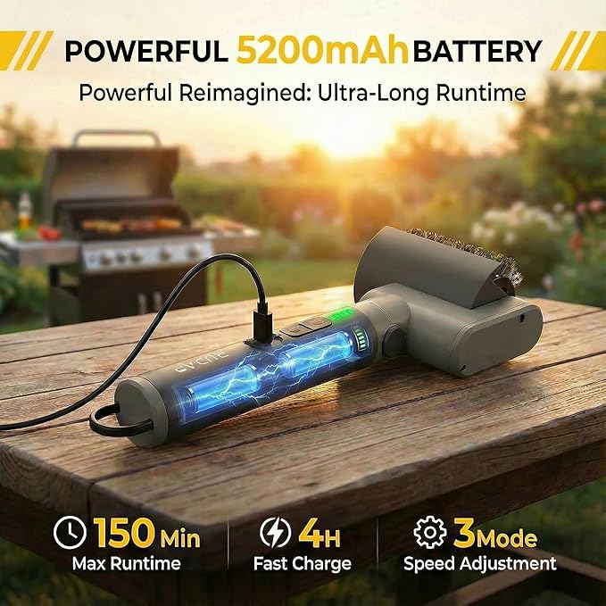Electric Grill Brush, Cordless Rechargeable Grill Cleaner, 58W BBQ Cleaning Brush with 5200mAh Battery, 150-Min Runtime, 3 Speeds, Angle Adjustable, IPX7 Waterproof, Anti-Shedding for Outdoor Barbecue