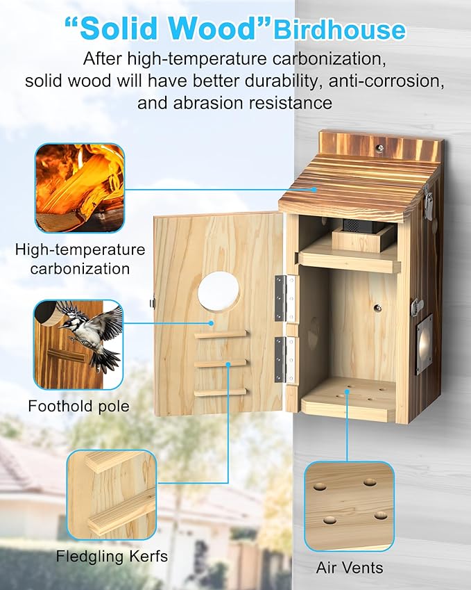 Bird House with Camera Solar Powered,2K HD Wi-Fi Bird Watching, Auto Detect&Notify, Night Vision, APP Control, Birdhouse for Small Birds Nesting, Wooden Birdhouse with Cam Inside (Solar-Powered)