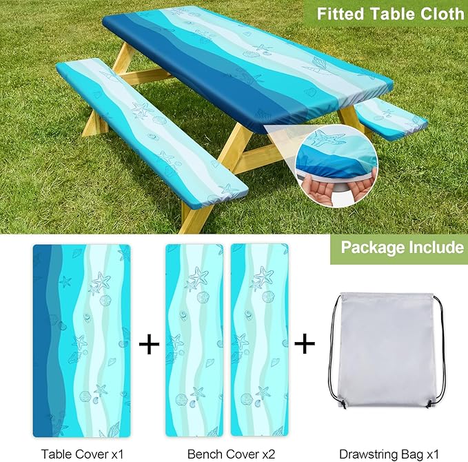 Picnic Table Cover with Bench Covers Camping Essentials Waterproof Windproof Camping Tablecloth with Drawstring Bag, Fitted Rectangle Tables and Seats, 60in, Sky Blue