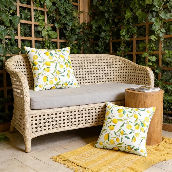 SquarePie Outdoor Pillow Covers 20x20 Inch Set of 2 - Waterproof Lemon Square Cushion Covers for Patio Garden Furniture, Summer Yellow Citrus Decorative Throw Pillow Cases for Couch Sofa Balcony Bench