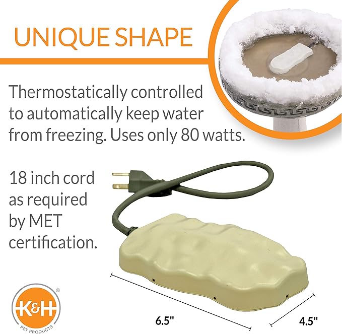 K&H Pet Products Super Ice Eliminator Bird Bath Heater, Safety Listed Submersible Bird Bath Deicer for Wild Birds Outside in Winter, Energy Efficient, Paintable Enamel, Automatic - Natural Rock 80W