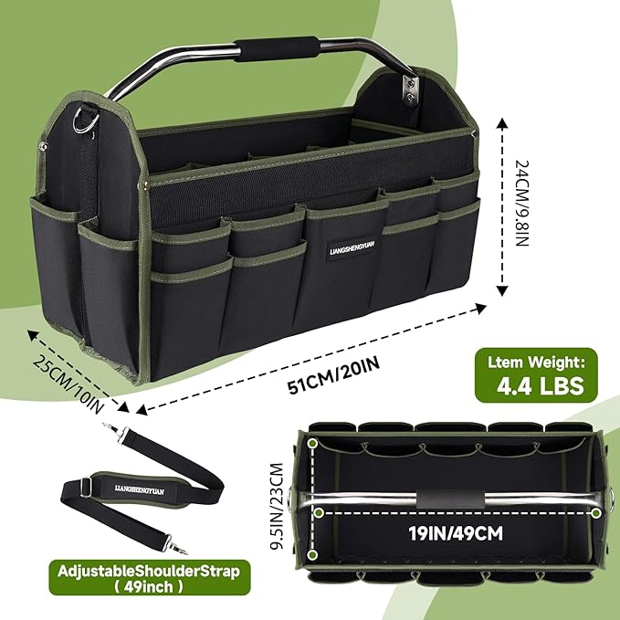 20In Electrician Tool Bag, Foldable Bags For Men Heavy Duty, Open Top Tool Tote, 30 Pockets Can Hold Many fittings, Organizer Stainless Steel Handle and Removable Shoulder Strap