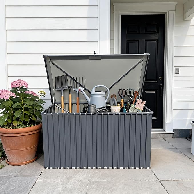 Garvee Outdoor Storage Box, 230 Gallon Waterproof Metal Storage Box, Outdoor Deck Boxes, UV Resistant Patio Storage Box with Lockable Lid for Patio Furniture Cushions, Pillows, Garden Tools, Blank