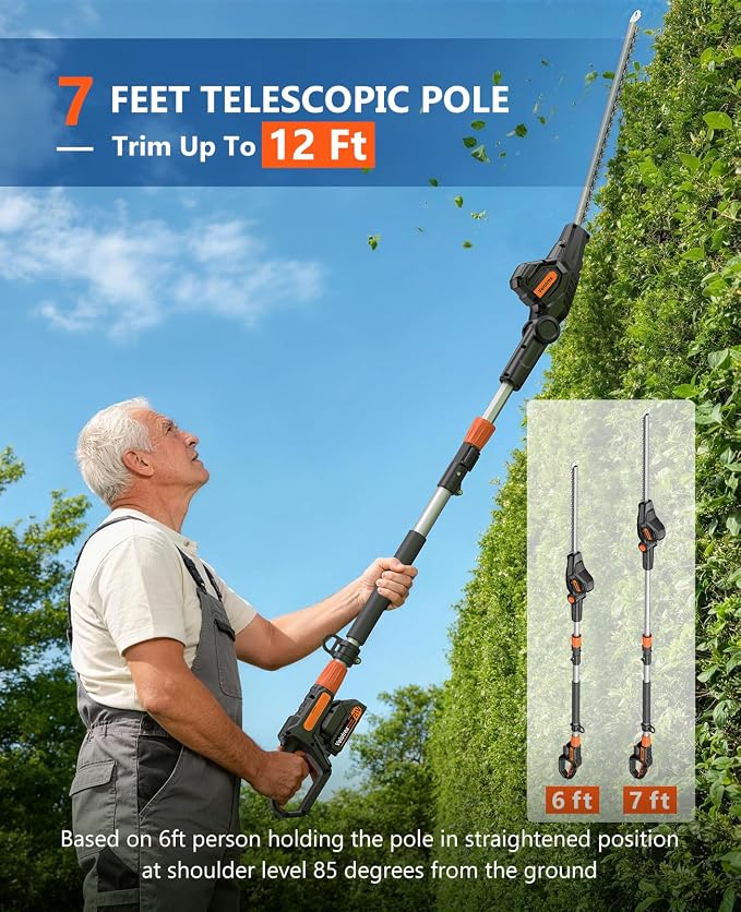 Pole Hedge Trimmer Cordless with 2 x 2000mah Batteries, 12 Ft Reach Tall HedgeTrimmer for Yard and Garden, Hedge Trimmer with Extension Pole of 7 Ft for Tall Hedge and Branches Pruning