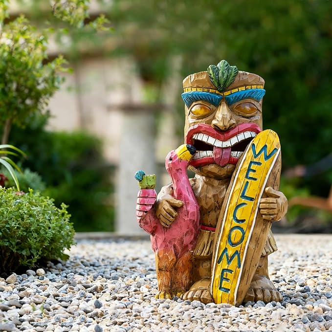 Solar Tiki Garden Statue Outdoor Decor with Flamingo Waterproof Welcome Sign for Tiki Bar, Patio, Balcony, Yard, Lawn, Front Door Decorations, Gardening Gift for Tiki Man