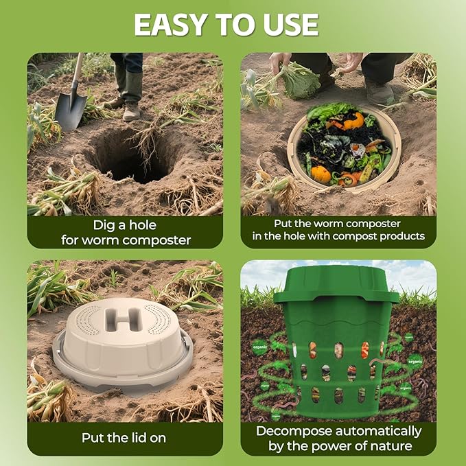 4-Pack Inground Worm Composter, 8L Outdoor Worm Farm, Worm Compost Bin for Garden Beds & Home Use, Vermicomposting Bin for Recycling Food Waste (9.5x9.5x10.8Inch), Beige