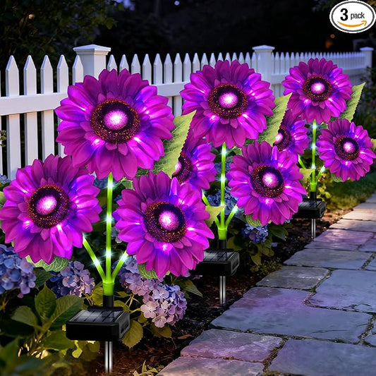 Solar Garden Lights Outdoor, 3 Pack Sunflower Lights with 9 Large Purple Sunflower, Waterproof Garden Decor, Birthday Gifts for Mom Grandma, Decorative Solar Flowers for Pathway Patio Yard Decoration