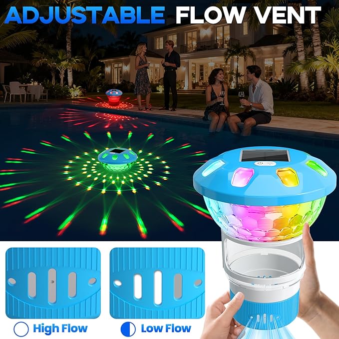 ChlorBlu2026 Upgrade Solar Chlorine Floater,Chlorine Floater with Colorful Lights,Buttons Control Floating Chlorine Dispenser for Pool,Adjustable Pool Chlorine Floater,Large Chlorine Pool Floater,Blue