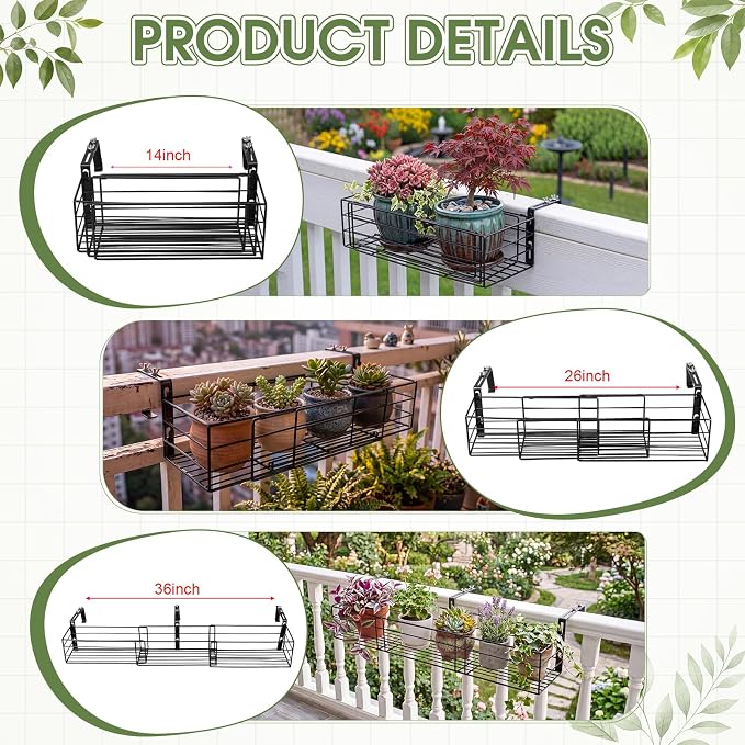 Youyole Railing Hanging Planter Holders, Adjustable Balcony Flower Pot Rack Stand, Expands 14"-36" Iron Hanger Hooks Fit Almost Any Balcony, Fence or Deck Railing up to 8" Wide(Black)