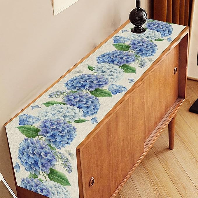 Blue Floral Table Runner, Rustic Watercolor Hydrangea Spring Summer Seasonal Flower Butterfly Coffee Table Center Decor for Family Kitchen and Dining Party FarmhouseTable Decorations, 13"x72"