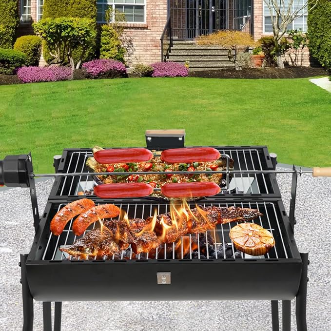 Barrel Charcoal Grill with Thermometer - Small Charcoal Grills with Central Rotisserie Rack Double-sided Smoker Grill Outdoor BBQ Grill, Perfect for Backyard Camping, Patio Parties and Picnics