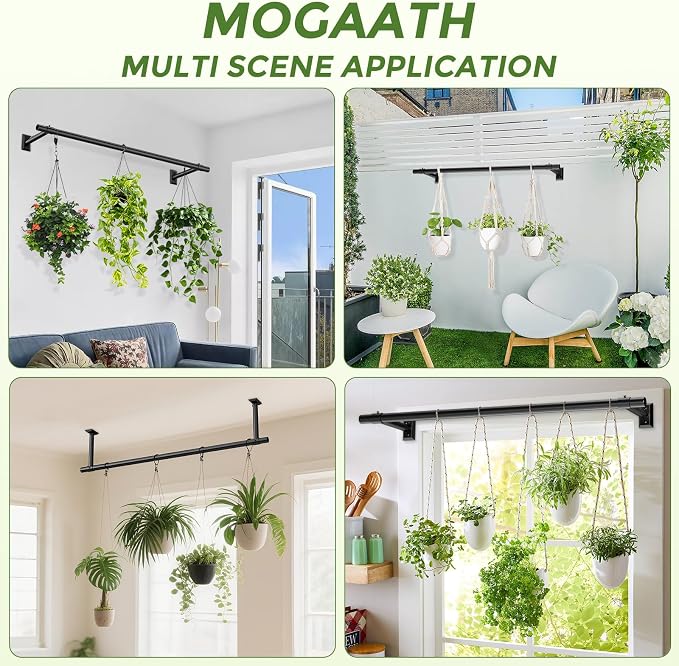 Window Plant Hanger for Indoor Plants, 32 Inch Hanging Plant Rod, 1 Inch Diameter Metal Rod, Hanging Plant Holder for Window Wall, Matte Black, Square Flange Base, Pots Not Included