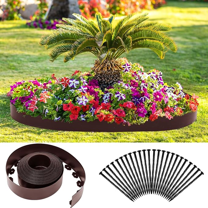 Sasylvia 5'' x 50' Landscape Edging Kit Plastic Garden Edging Border Include 45 Anchoring Spikes for Lawn Garden Grass Yard Home School, Brown