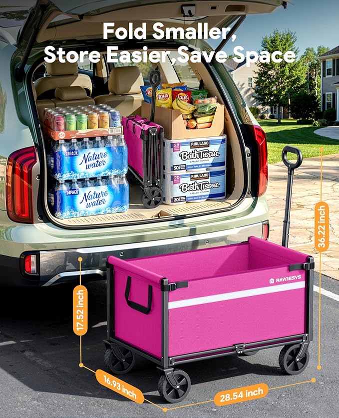 Wagons Carts Foldable, Collapsible Wagon Cart Foldable, 220LBS Heavy Duty Folding Wagon Carts with Wheels, Portable Utility Cart for Grocery Sports Garden Shopping Camping, Pink