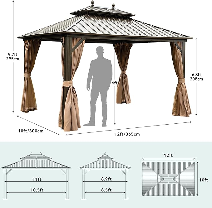YITAHOME 10x12ft Hardtop Gazebo with Nettings and Curtains, Heavy Duty Double Roof Galvanized Steel Outdoor Combined of Horizontal Vertical Stripes Roof for Patio, Backyard, Deck, Lawn (Bronze)