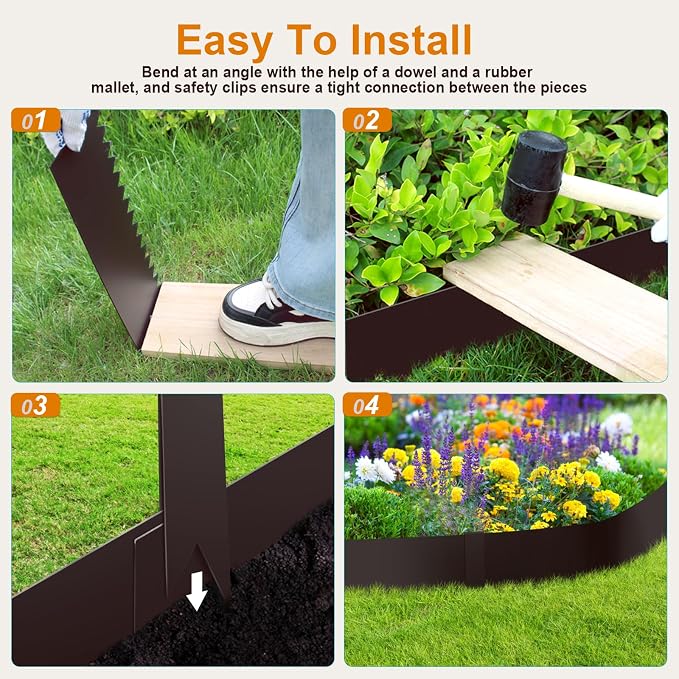 6 Pack 40" L x 6" H Brown Galvanized Steel Landscape Edging, Heavy Duty Garden Border Edging with Clips, Hammer in Metal Lawn Edging for Yard, Flower Bed and Pathway