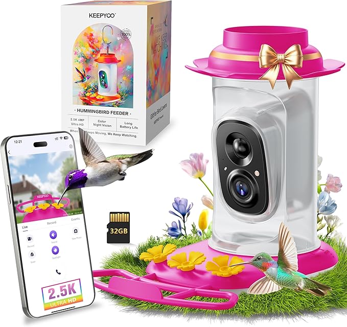 2.5K Hummingbird Feeder with Camera, Wireless Smart Bird Feeders for Outdoors, 2.4Ghz WiFi, AI Bird Identify, Instant Notification, Include 32GB SD Card, Ant Moat & Bee-Proof (Pink)