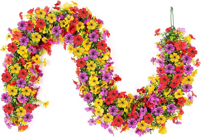 Artificial Flowers Garland Ivy, 4 Pack 5.9 FT Spring Summer Decor UV Resistant Fake Mums Floral Vine Silk Daisy Hanging Flower for Home Garden Wedding Decor Photo Booth Backdrop(Red purple yellow)