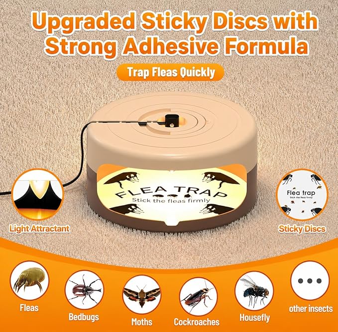 2 Pack Flea Traps for Inside Your Home with Auto Cycle Mode 40-Min Work & 5-Min Rest Mode, Refillable Indoor Flea Trap with 8 Sticky Pads, Indoor Flea Trap for Fleas, Moths & Gnats