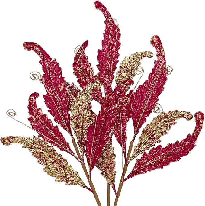 GnFlus 3 Pcs Christmas Glitter Leaves Large 27 Inch Artificial Glittered Leaf Picks and Spray Stems Ornament for Home Wedding DIY Xmas Tree Wreath Garland Floral Arrangement Decor - Red Gold