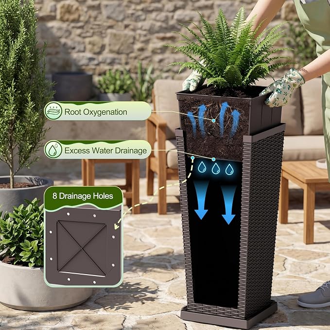 Devoko Resin Tall Planters for Outdoor Plants Set of 2, Large Taper Outdoor Planter Pots with 4 Drainage Holes, Flower Pots Modern Decor for Porch, Patio, Backyard, Garden(Brown, 30''with Trays)