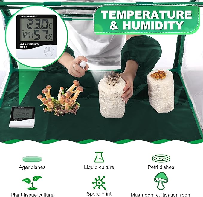 Meonum Large Still Air Box Mushroom Grow Tent, 30x20x20 in Mycology Fume Hood Propagation Stations with LED Growing Light and Thermometer, Monotub Kit for Grow Bags, Growers, Home Scientists(Green)