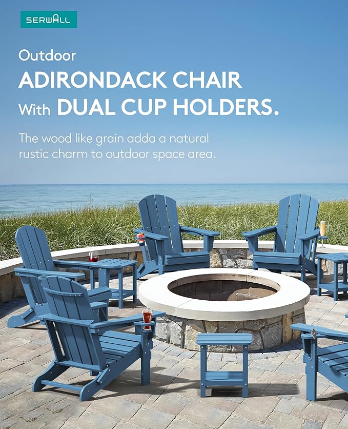 SERWALL Folding Adirondack Chair, HDPE Adirondack Chairs Set of 4, Plastic Outdoor Chairs- Looks Exactly Like Real Wood- Navy