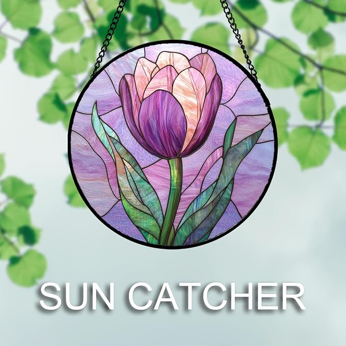 DASTOLL Stained Glass Window Hanging Purple Tulips Flower 7.8" - Suncatcher Door Garden Sun Catcher Home Decor Birthday Mother's Day for Mom Men Woman Parents Her Nana Friend