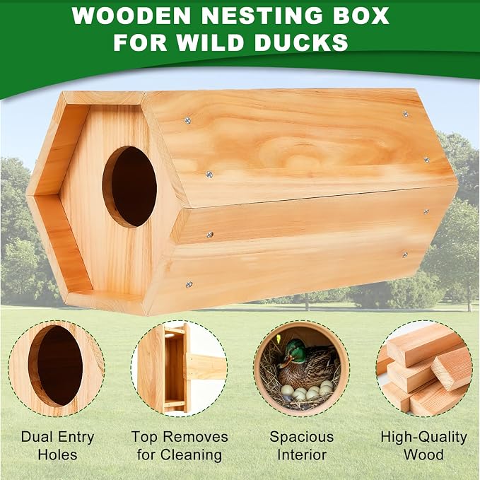 Mallard Nesting Box, Wood Duck House for Outdoor Hexagonal Large Duck House with Dual Entrances for Ponds, Wetlands, Backyards 19.7 X 10.2 X 10.2 Inches