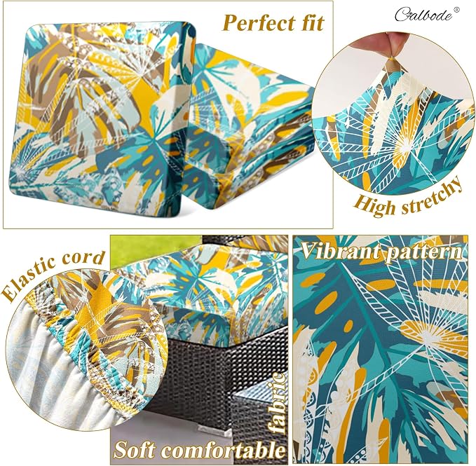 CALBODE 14pcs Outdoor Tropical Plant Printed Sofa Seat Cushion Covers Strechable, Dustproof Elastic Half-Covered Sofa Covers Washable Reusable Patio Furniture Protector（Blue and Yellow, Cover Only）