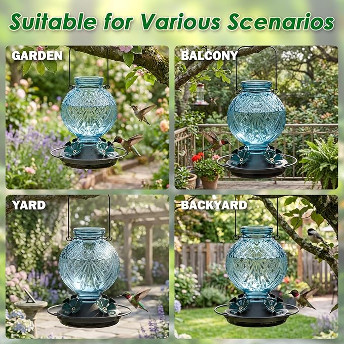 Glass Hummingbird Feeder for Outdoors Hanging, 20oz Bird Nectar Feeder with 4 Bee Guard Flower-Shaped Ports & Built-in Ant Moat, Easy to Clean, for Bird Lover,1 Pack, Blue