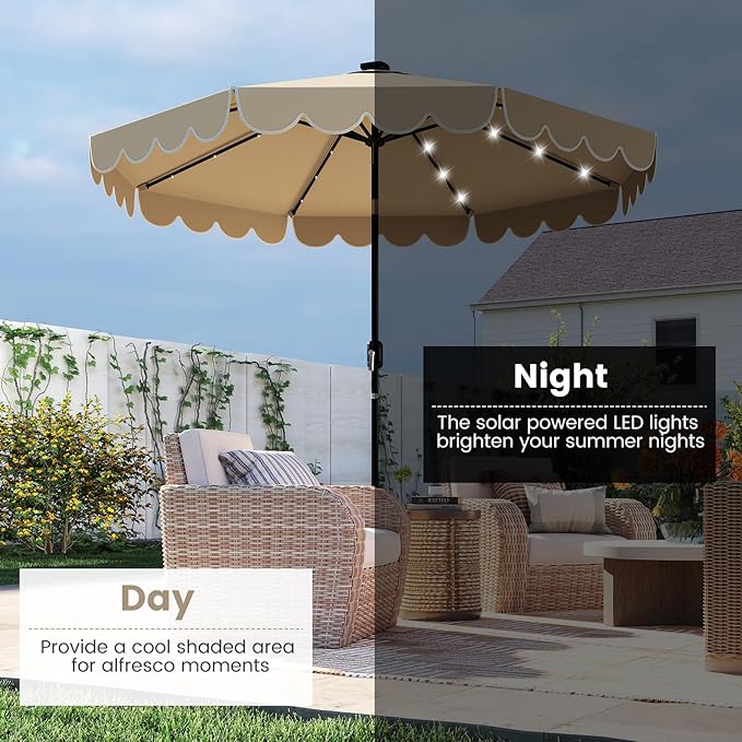 Tangkula 9 FT Solar Patio Umbrella, 2-Tiers Scalloped Outdoor Table Market Umbrella with 32 LED Lights, Vented Top, Tilt Adjustment, Crank, 8 Ribs for Backyard Poolside Deck Beach Lawn (Coffee)
