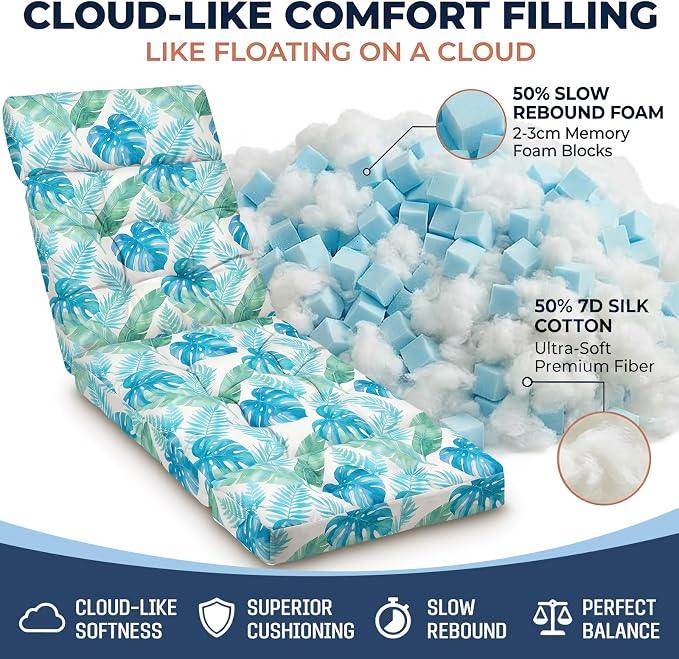 MAGIC ELEPHANT Chaise Lounge Cushion Outdoor, Memory Foam Patio Lounge Chair Cushion with Ties for Outdoor Furniture, 74 x 22 x 4 Inch (Aqua Monstera)