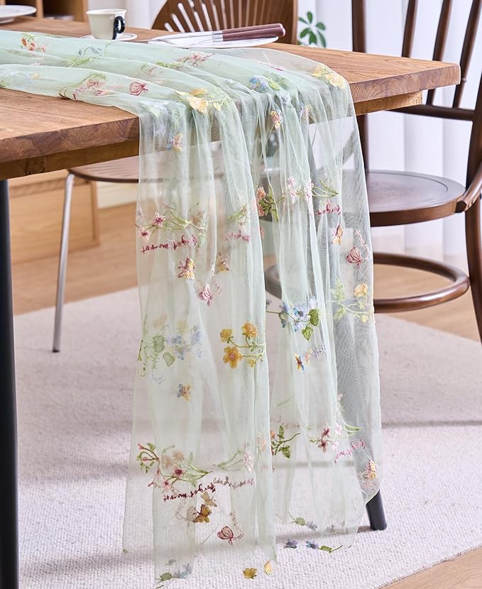 vctops 2 Packs Embroidery Lace Spring Table Runner 10ft Floral Garden Seasonal Tulle Table Runner Holiday Kitchen Dining Table Decoration for Wedding Party Baby Shower Birthday (Sage Green,30"x120")