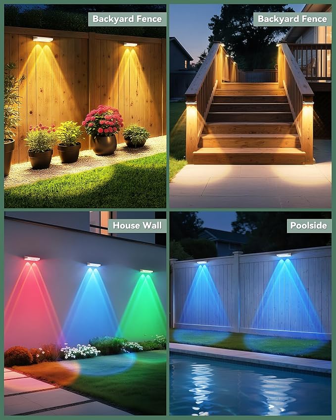 Fence Lights Solar Powered 12 Pack, 7 Fixed Colors & Color Changing Solar Fence Lights Outdoor, IP65 Waterproof Backyard Decoration for Patio, Deck, Pool, Step