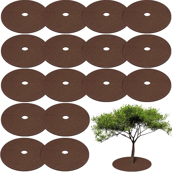Shimeyao 16 Pcs 32.2 Inch Non Woven Tree Mulch Ring Round Tree Weed Barrier Mat Reusable Landscape Protector Base Barrier Fabric for Weed Root Protection (Coffee)
