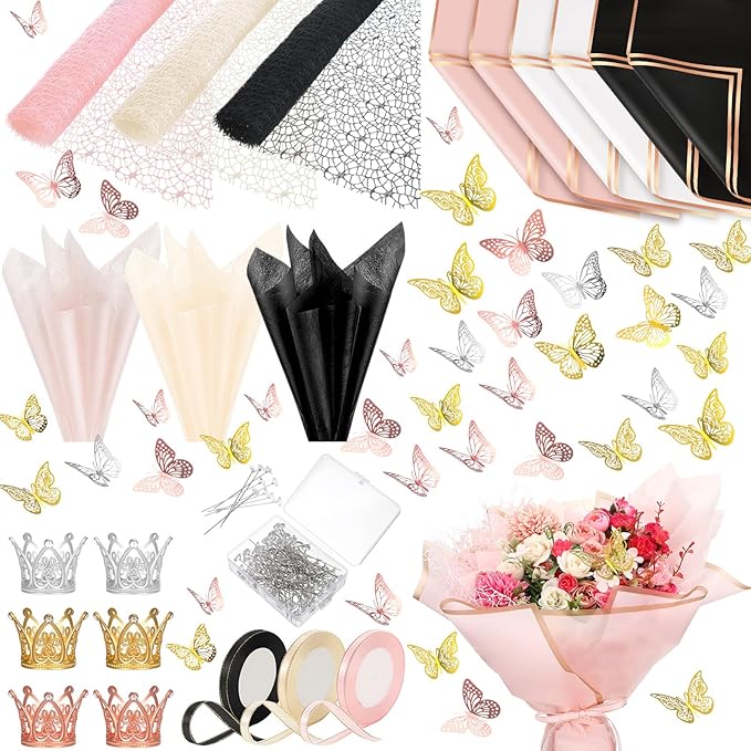 Qilery 334 Pcs Flower Wrapping Paper Set,153 Waterproof Floral Bouquet Wrapping Paper,72 3D Gold Butterfly Decoration,100 Pins, 6 Crowns and 3 Ribbons for DIY Craft(Pretty Color)