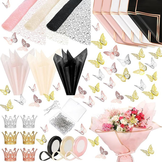 Qilery 334 Pcs Flower Wrapping Paper Set,153 Waterproof Floral Bouquet Wrapping Paper,72 3D Gold Butterfly Decoration,100 Pins, 6 Crowns and 3 Ribbons for DIY Craft(Pretty Color)