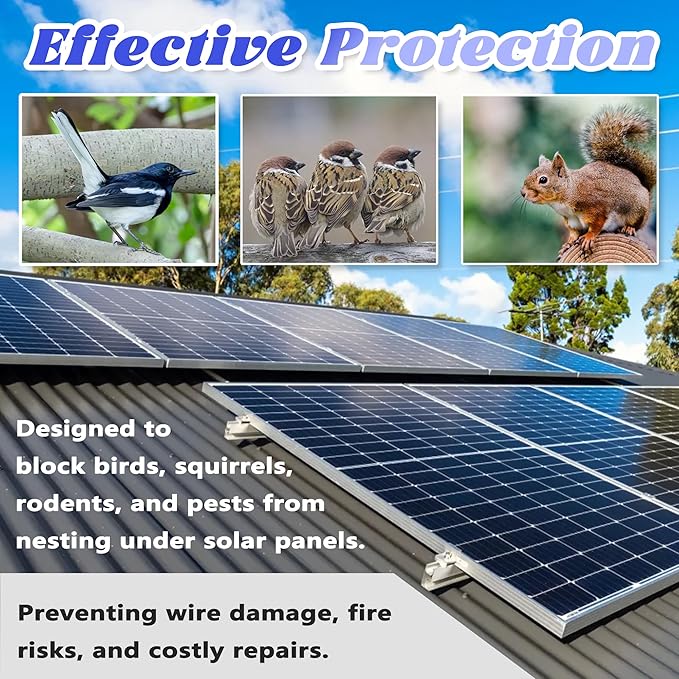 PROLEE 8 Inch X 100FT Solar Panel Bird/Critter Guard Anti-Rust with 100 Fastener Clips Rooftop Solar Panel Bird Wire Screen, Removable Without Damage