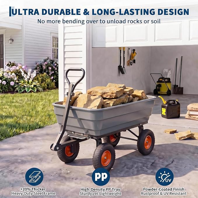 1200 lb Poly Garden Dump Cart, Wheelbarrow Yard Cart with 13 in Wheels, Quick-Dump & Towable Utility Wagon with Convertible Handle for for Yard, Soil, Rocks（Gray）