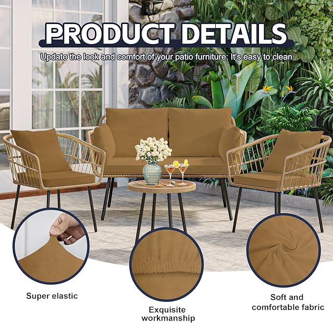 14Pcs Patio Cushion Covers,Outdoor Cushions Covers,Stretch Cushion Covers Replacement, Washable and Reusable Furniture Protectors(Camel)