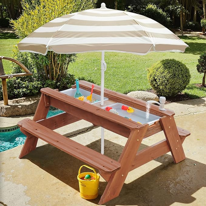 Kids 3-in-1 Sand & Water Table, Wood Outdoor Convertible Picnic Table w/Umbrella, 2 Trays, Removable Top with Faucet, Picnic Table for Outdoor Playset (Brown/Brown)