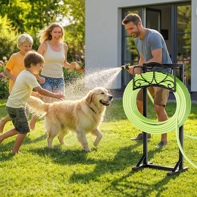 Garden Hose Holder with Tool Hooks and Stable Base, Heavy-Duty Garden Hose Storage Metal Hose Hanger Holds 160Ft, Rustproof Freestanding Water Hose Holder for Outside, Yard, Lawn, Farm, Black