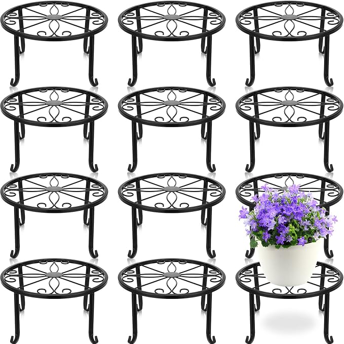 Maitys 12 Pack Metal Plant Stands Outdoor Indoor Heavy Duty Flower Potted Holder Anti-Rust Plant Pot Shelf Round Flower Display Rack for Porch Garden(Curved Leg,Black)