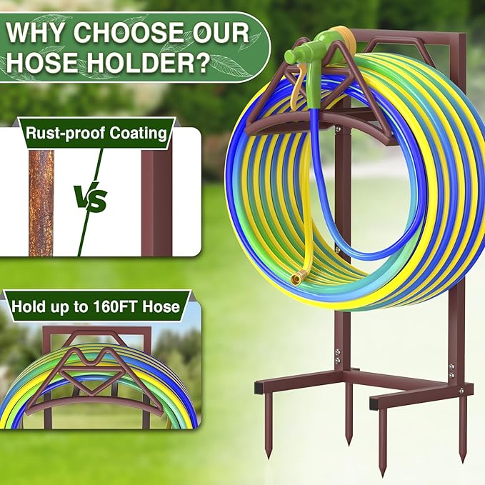 New Garden Hose Holder, Heavy Duty Freestanding Water Hose Holder Stand Holds 160-feet Hose, Detachable Hose Storage Reels Hanger Rack for Outside Yard Lawn Farm, Bronze