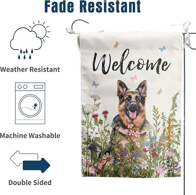 Floral German Shepherd Garden Flag Spring Summer House Flags 28 x 40 Double Sided Flower Dog Yard Flags for Outside Large Outdoor Welcome Flags