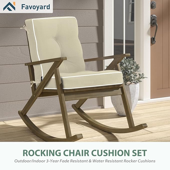 Favoyard Outdoor Rocking Chair Cushion 17 × 17 Inch Water Resistant & 3-Year Color Fastness Patio Chairs Cushions for Rockers Furniture, Set of Seat & Back Thick Tufted Cushion with Tie Straps, Beige