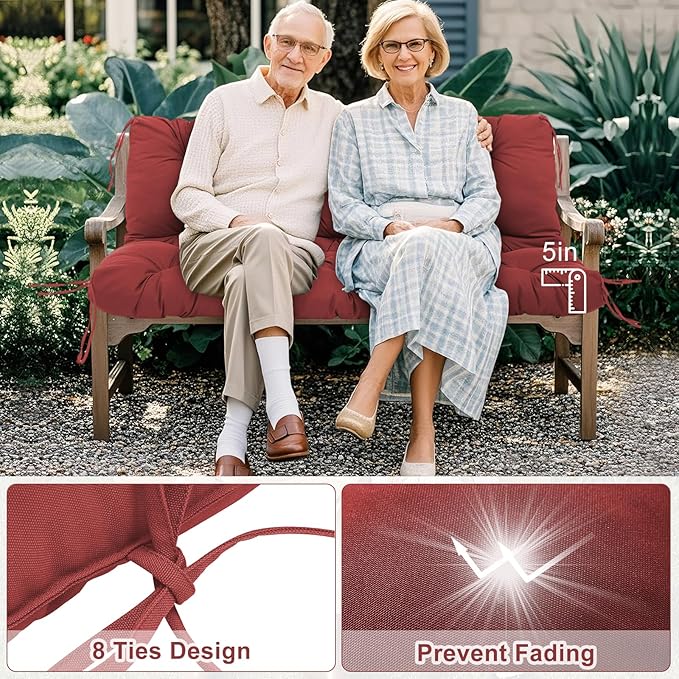 Porch Swing Cushions 2 Seater Replacement Thicken 5" Waterproof & Fade Resistant Swing Cushions for Outdoor Furniture Bench Patio Swing Cushion with Backrest & Ties(Wine Red 40x40x5inch)